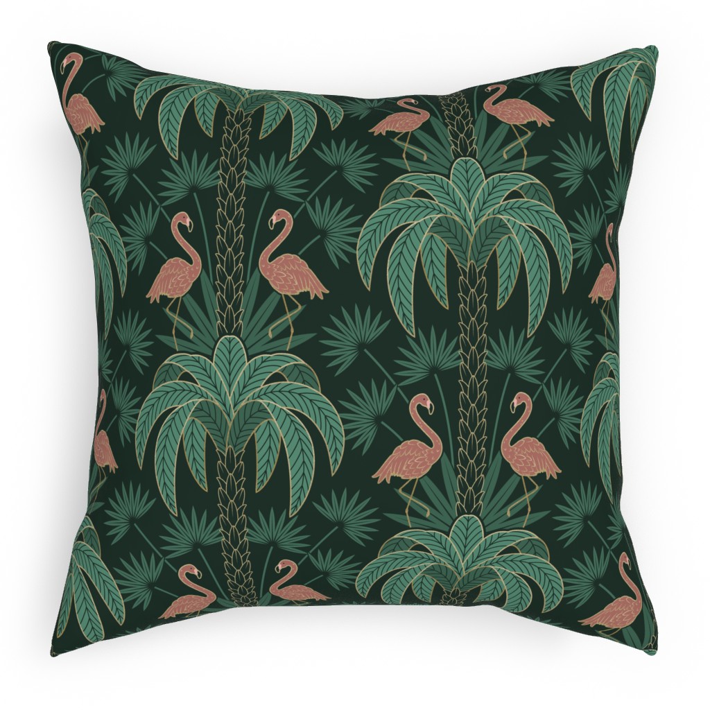 Palm Trees and Flamingos Deco Tropical Damask - Green Pillow, Woven, Beige, 18x18, Single Sided, Green