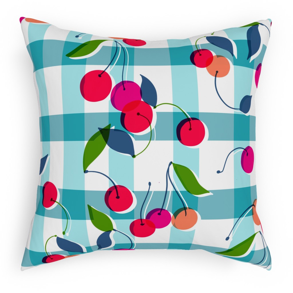 Gingham Cherry - Blue Pillow, Woven, Beige, 18x18, Single Sided, Blue, True Blue