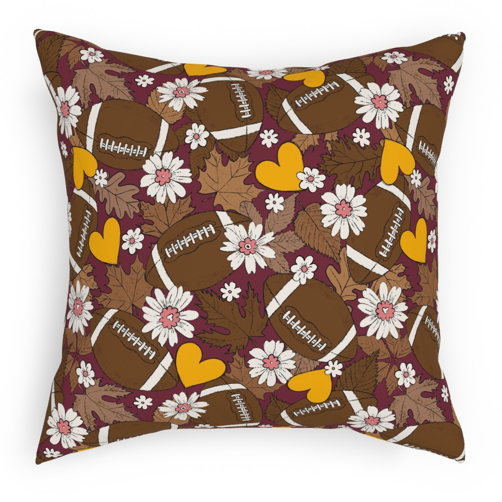 Football Fall and Florals Pillow, Woven, Beige, 18x18, Single Sided, Brown, Dark Chocolate