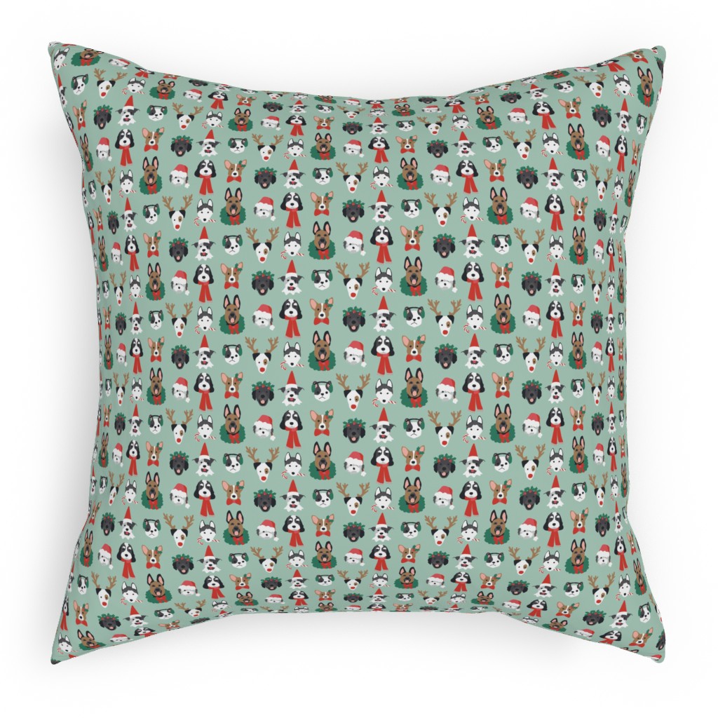 Christmas Holiday Puppy Dogs - Green Pillow, Woven, Beige, 18x18, Single Sided, Green, Classic Green