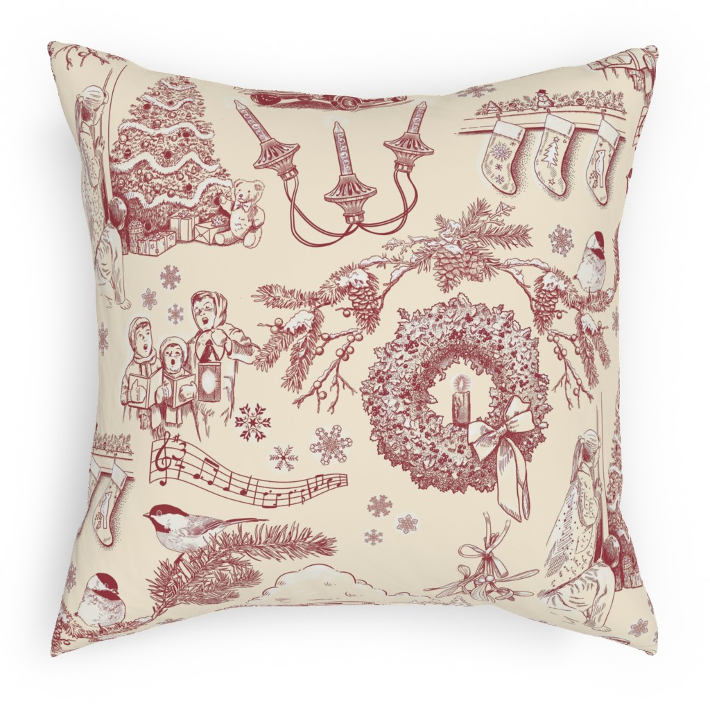 holiday traditions toile red on cream pillow