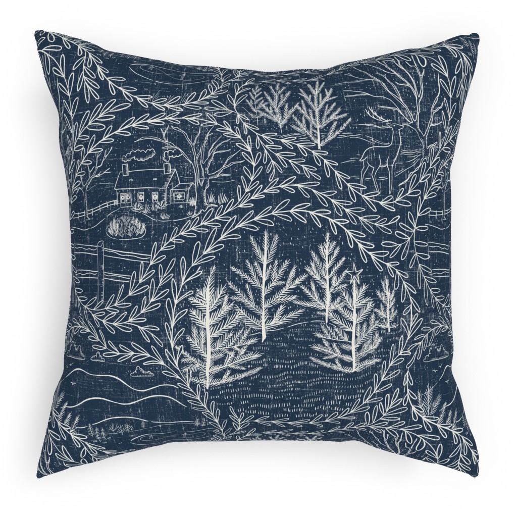 Winter Holiday Toile - Navy Pillow, Woven, Beige, 18x18, Single Sided, Blue, True Blue