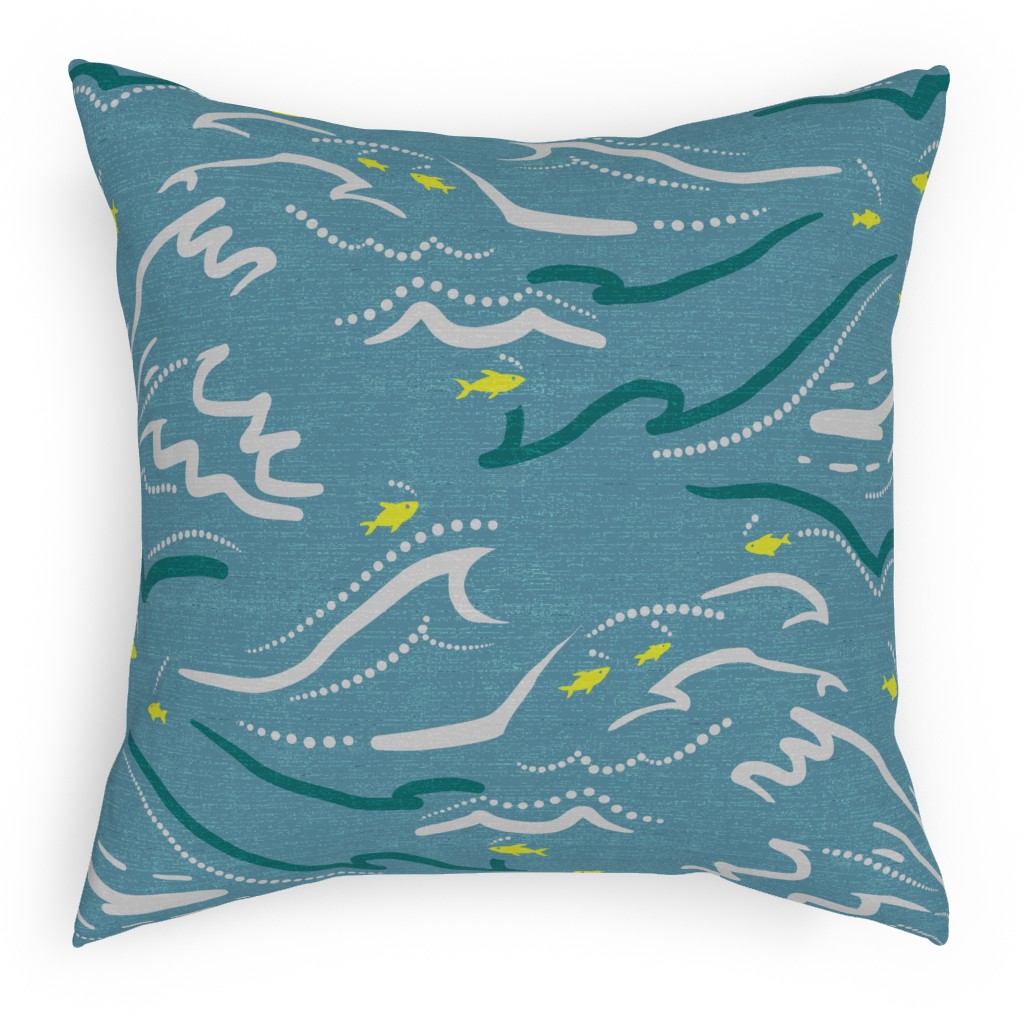 Mid Century Fish and Waves Pillow, Woven, Beige, 18x18, Single Sided, Blue, True Blue