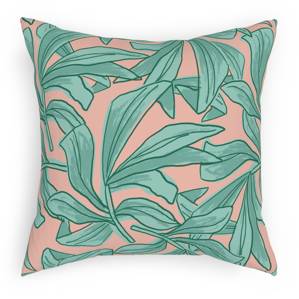 Lush Tropical Leaves - Pink and Mint Pillow, Woven, Beige, 18x18, Single Sided, Green, Classic Green