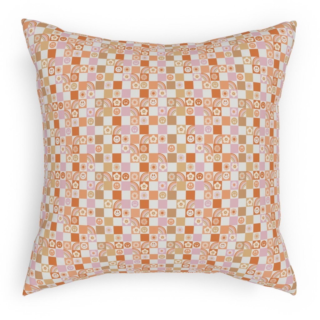 Retro Checkerboard - Daisy, Smile, Happy - Pink Orange Pillow, Woven, Beige, 18x18, Single Sided, Orange, Orange