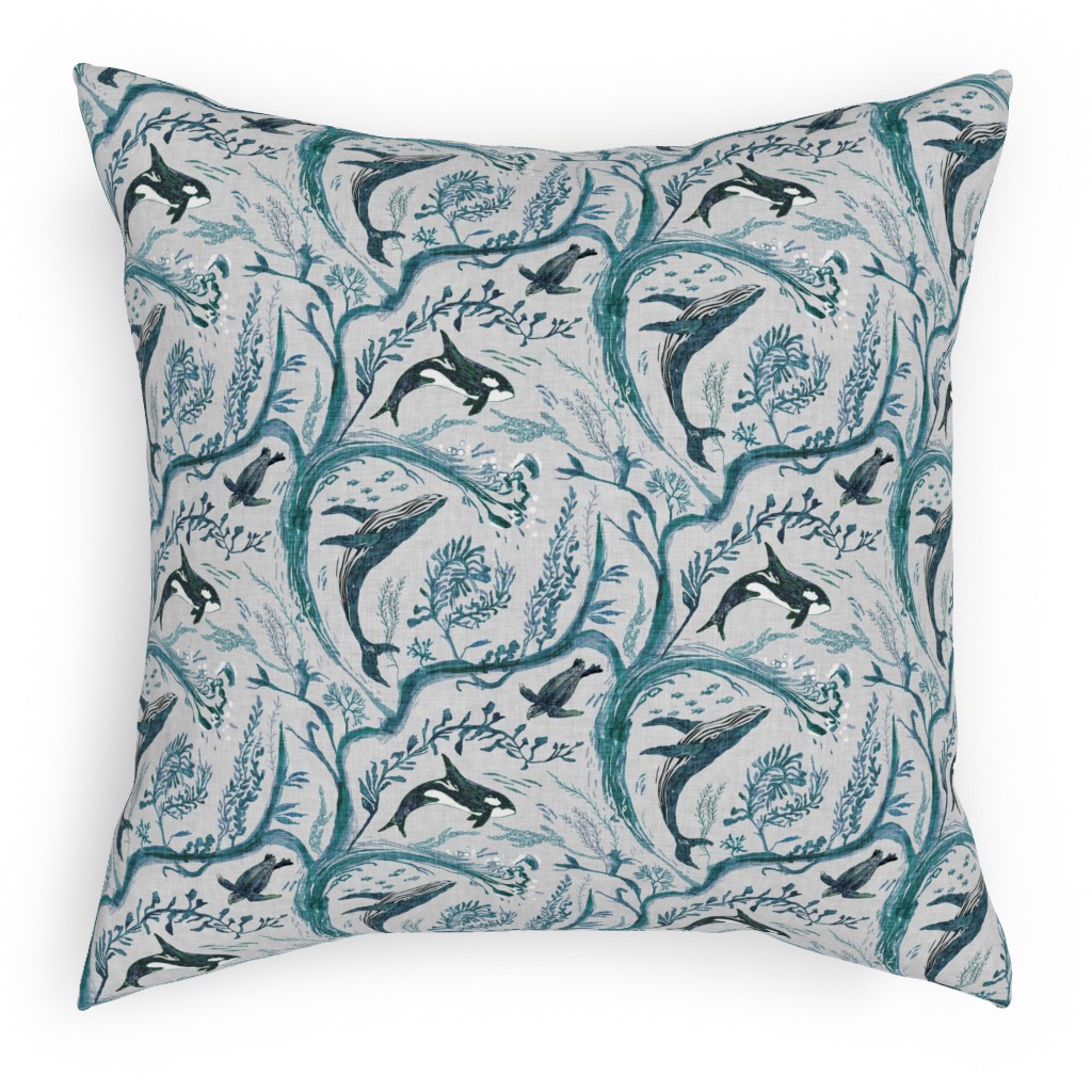 Whale Forest Pillow, Woven, Beige, 18x18, Single Sided, Blue
