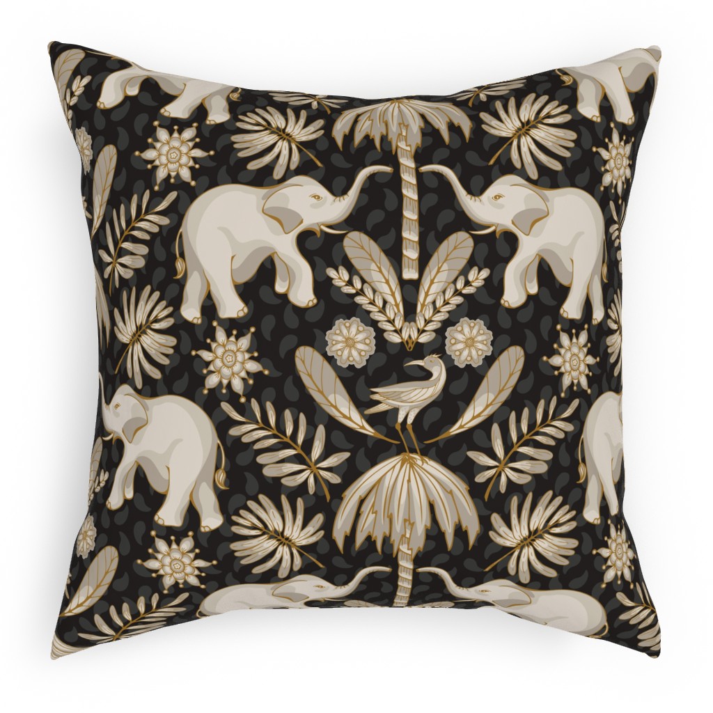 Elephant Love - Neutral on Dark Pillow, Woven, Beige, 18x18, Single Sided, Black, Black