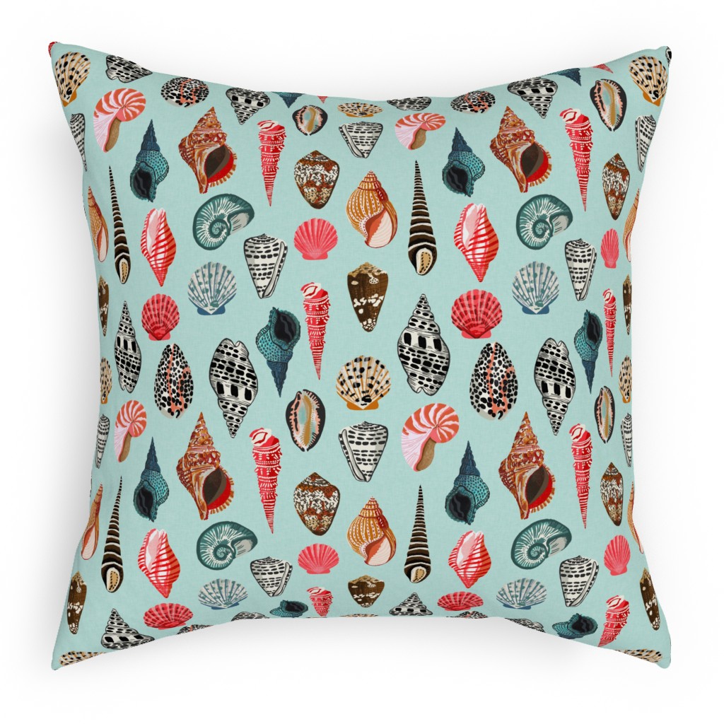 Seashells Beach Summer - Mint Pillow, Woven, Beige, 18x18, Single Sided, Multicolor