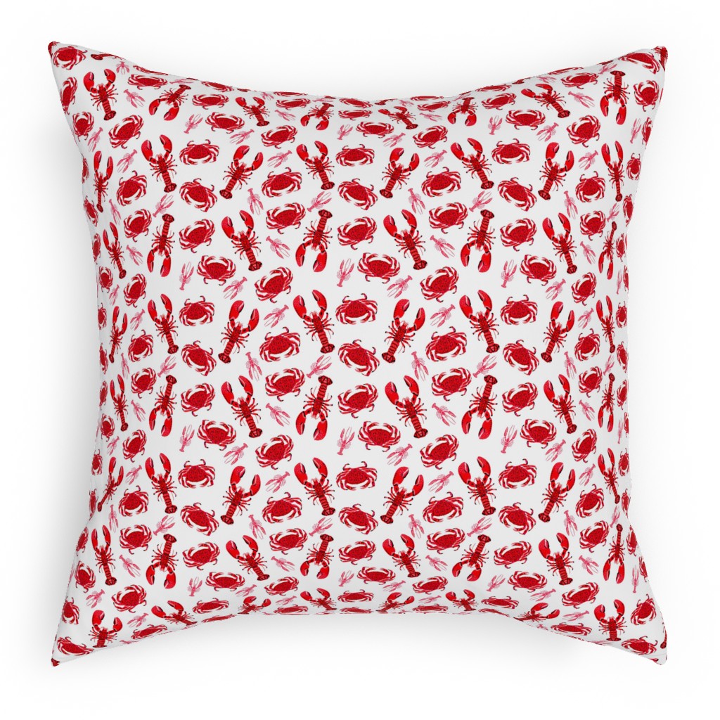 Crabs and Lobsters - Red Crustaceans on White Pillow, Woven, Beige, 18x18, Single Sided, Red