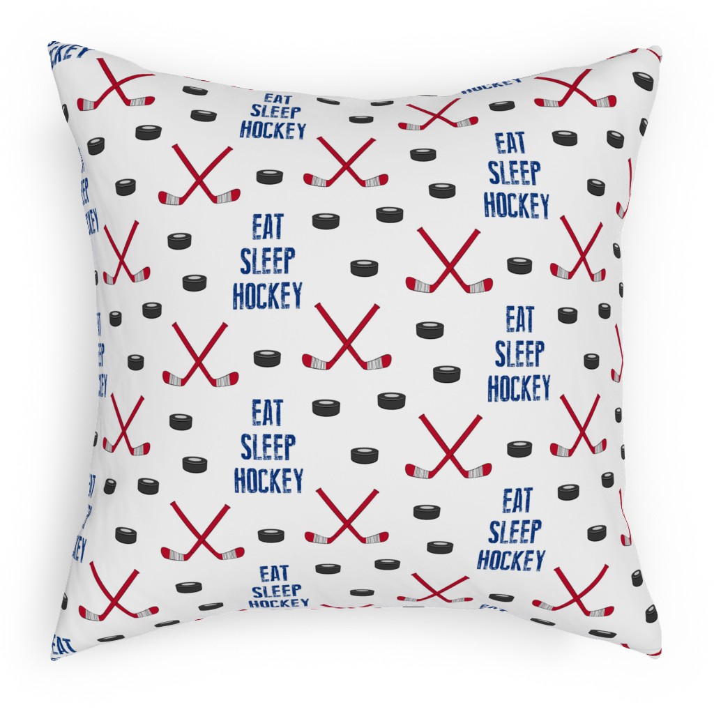 Eat Sleep Hockey - Red and Blue Pillow, Woven, Beige, 18x18, Single Sided, Multicolor