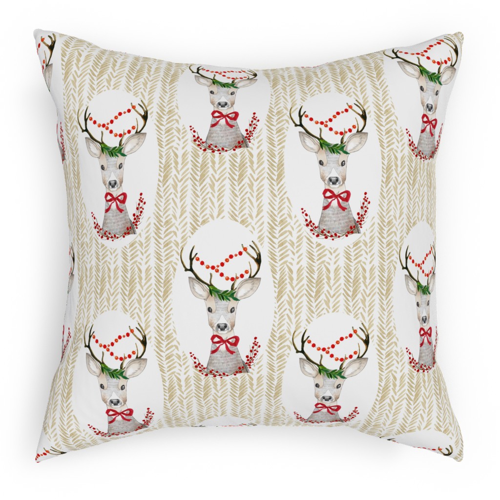 Holiday Fancy Deer Pillow, Woven, Beige, 18x18, Single Sided, Multicolor