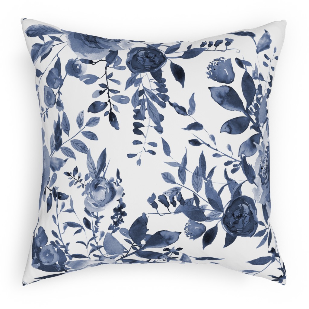 Blue and White Florals - Indigo Pillow, Woven, Beige, 18x18, Single Sided, Blue