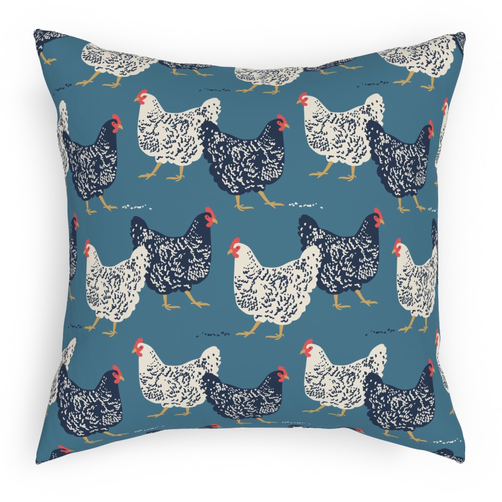 Farmhouse Chickens on Blue Pillow, Woven, Beige, 18x18, Single Sided, Blue, True Blue