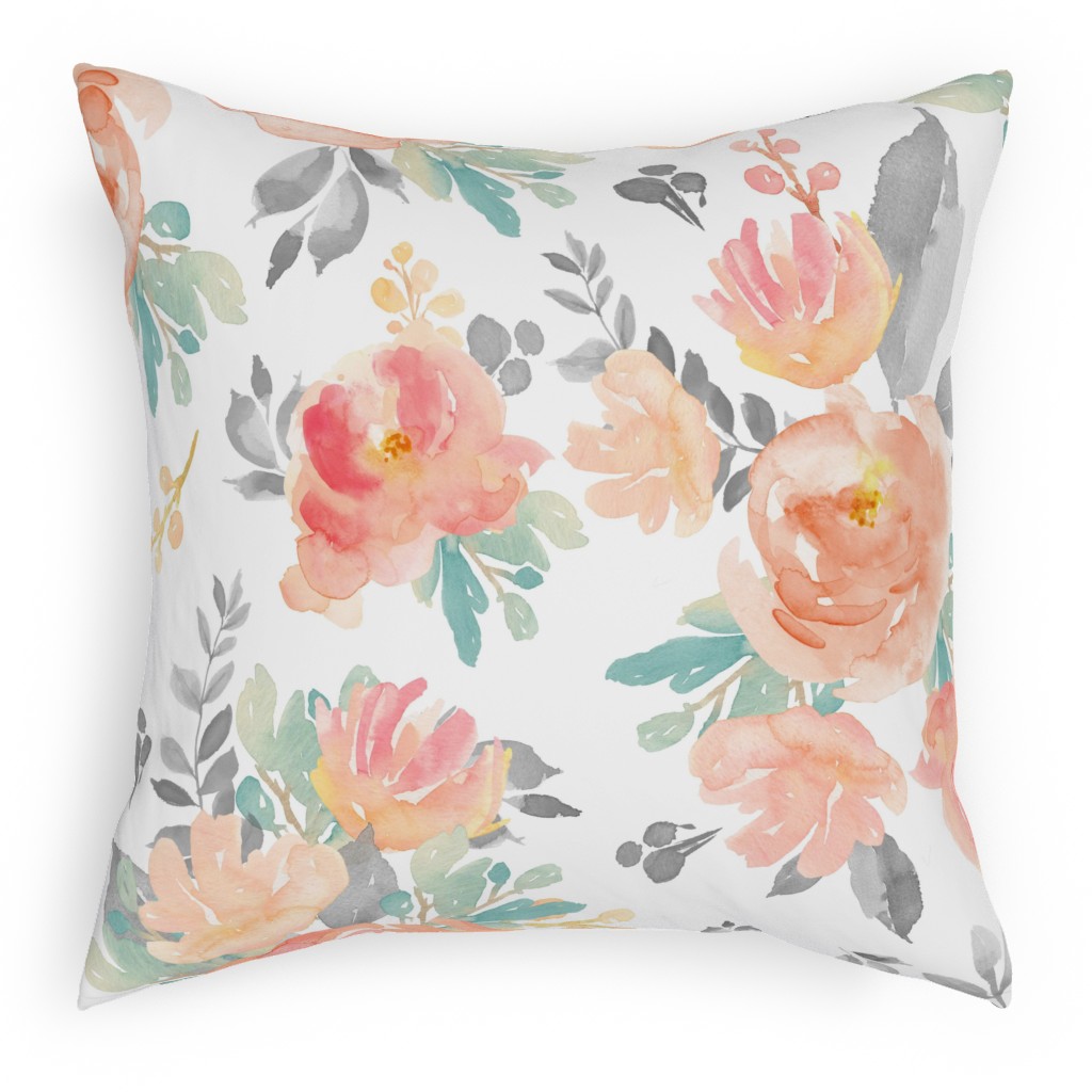 Watercolor Florals Pillow, Woven, Beige, 18x18, Single Sided, Orange, White