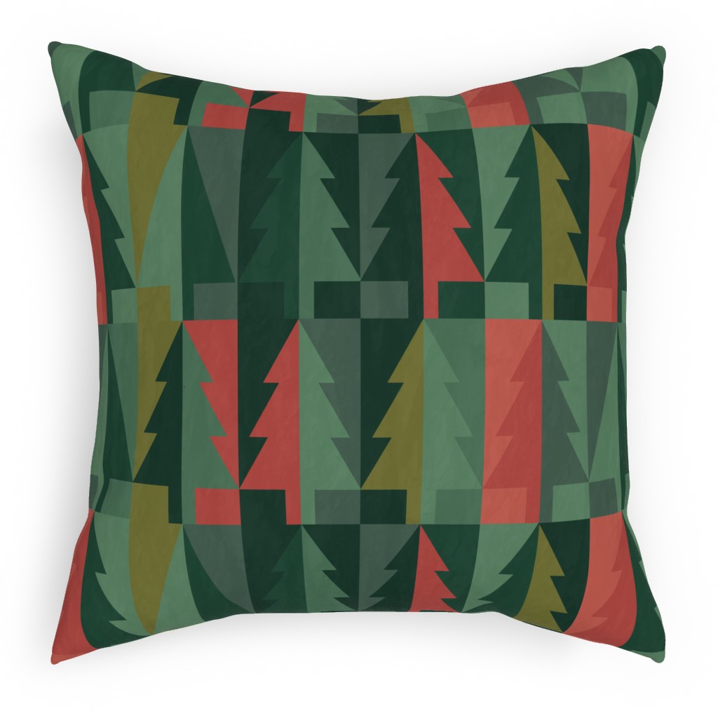 Geometric Forest - Red and Green Pillow, Woven, Beige, 18x18, Single Sided, Green