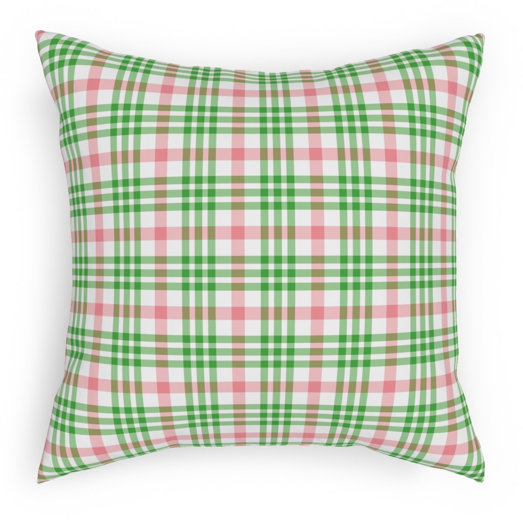 Pink, Green, and White Plaid Pillow, Woven, Beige, 18x18, Single Sided, Green