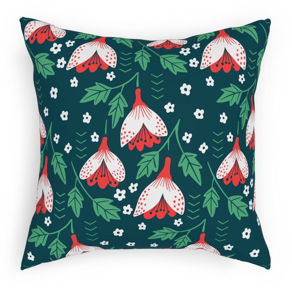 Christmas Flowers - Green Pillow, Woven, Beige, 18x18, Single Sided, Green