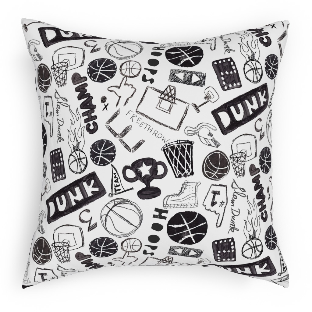 Basketball - Black and White Pillow, Woven, Beige, 18x18, Single Sided, White, White
