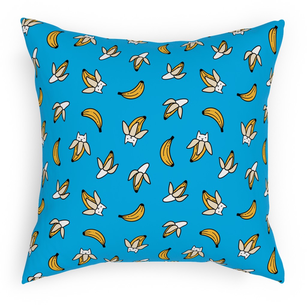Funny Yummy Banana Cats - Blue Pillow, Woven, Beige, 18x18, Single Sided, Blue