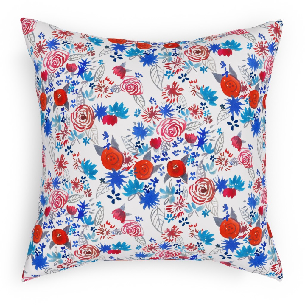 Patriotic Watercolor Floral - Red White and Blue Pillow, Woven, Beige, 18x18, Single Sided, Multicolor
