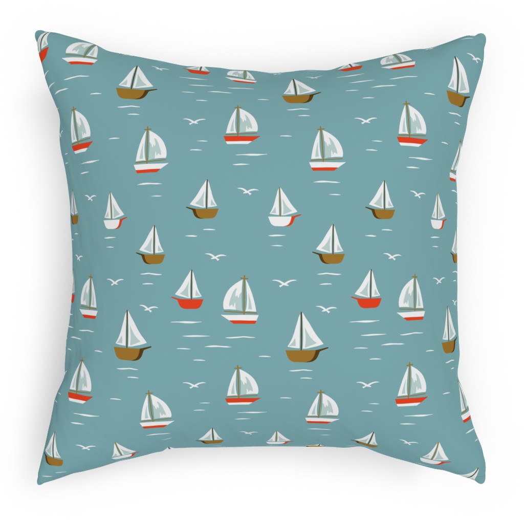 Sailboats Pillow, Woven, Beige, 18x18, Single Sided, Blue, Deep Turquoise