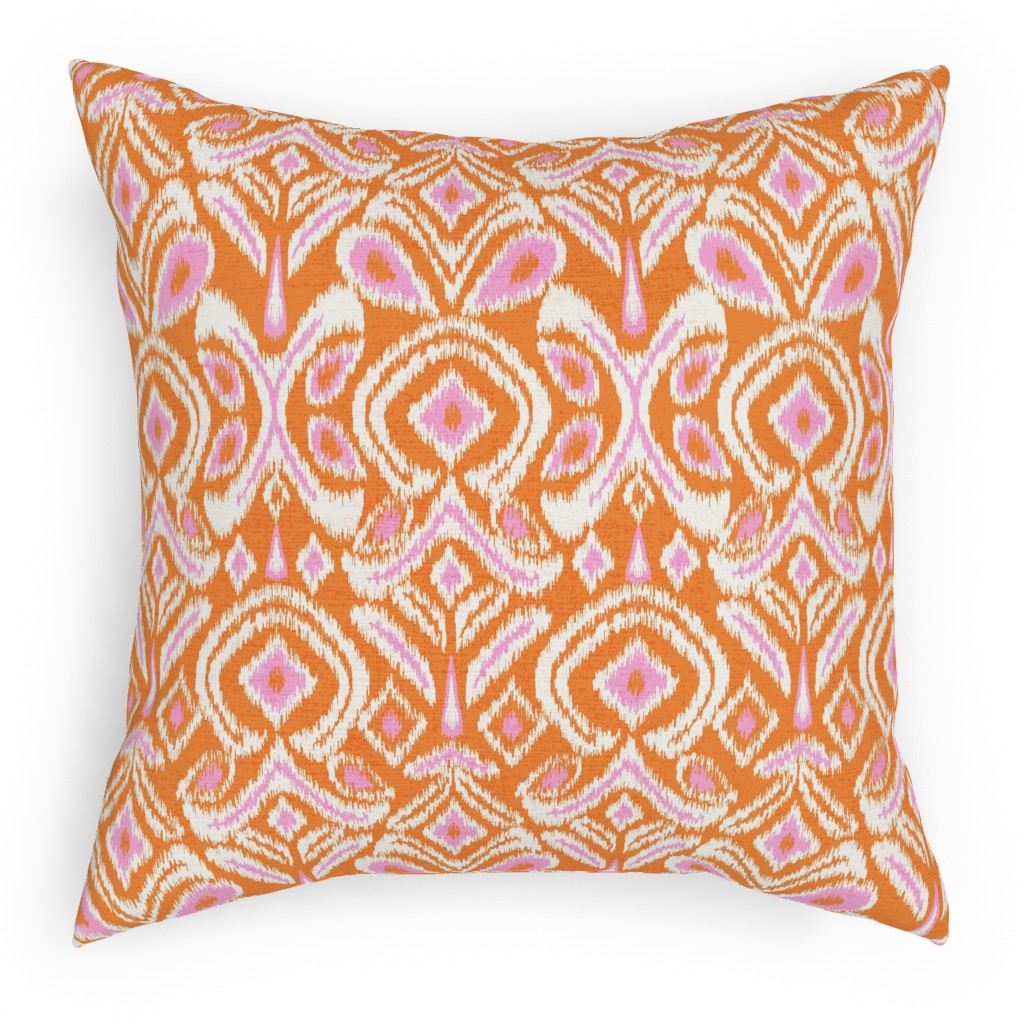 Ikat Flower - Orange and Pink Pillow, Woven, Beige, 18x18, Single Sided, Orange