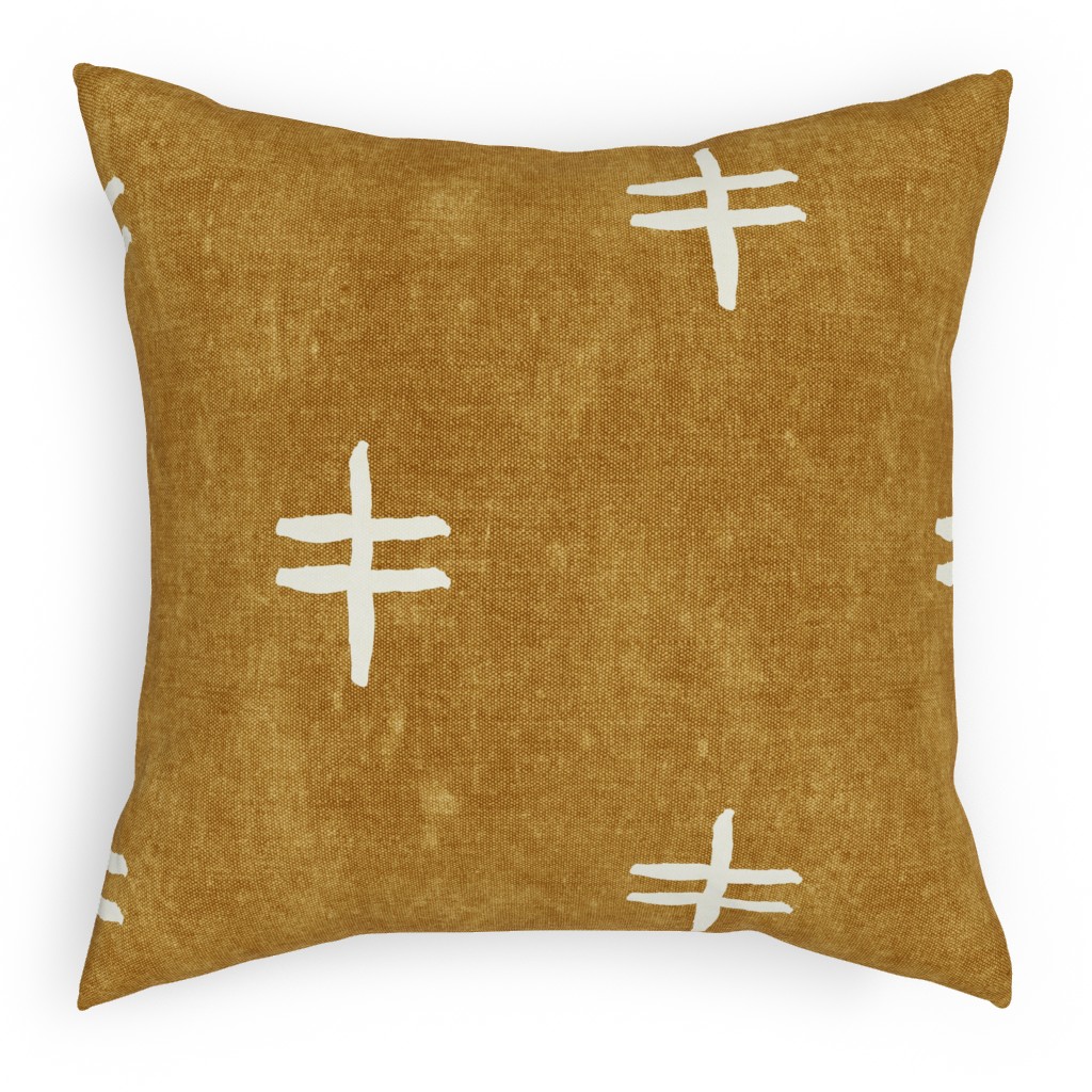 Double Cross Mudcloth Tribal - Mustard Pillow, Woven, Beige, 18x18, Single Sided, Brown, Brown