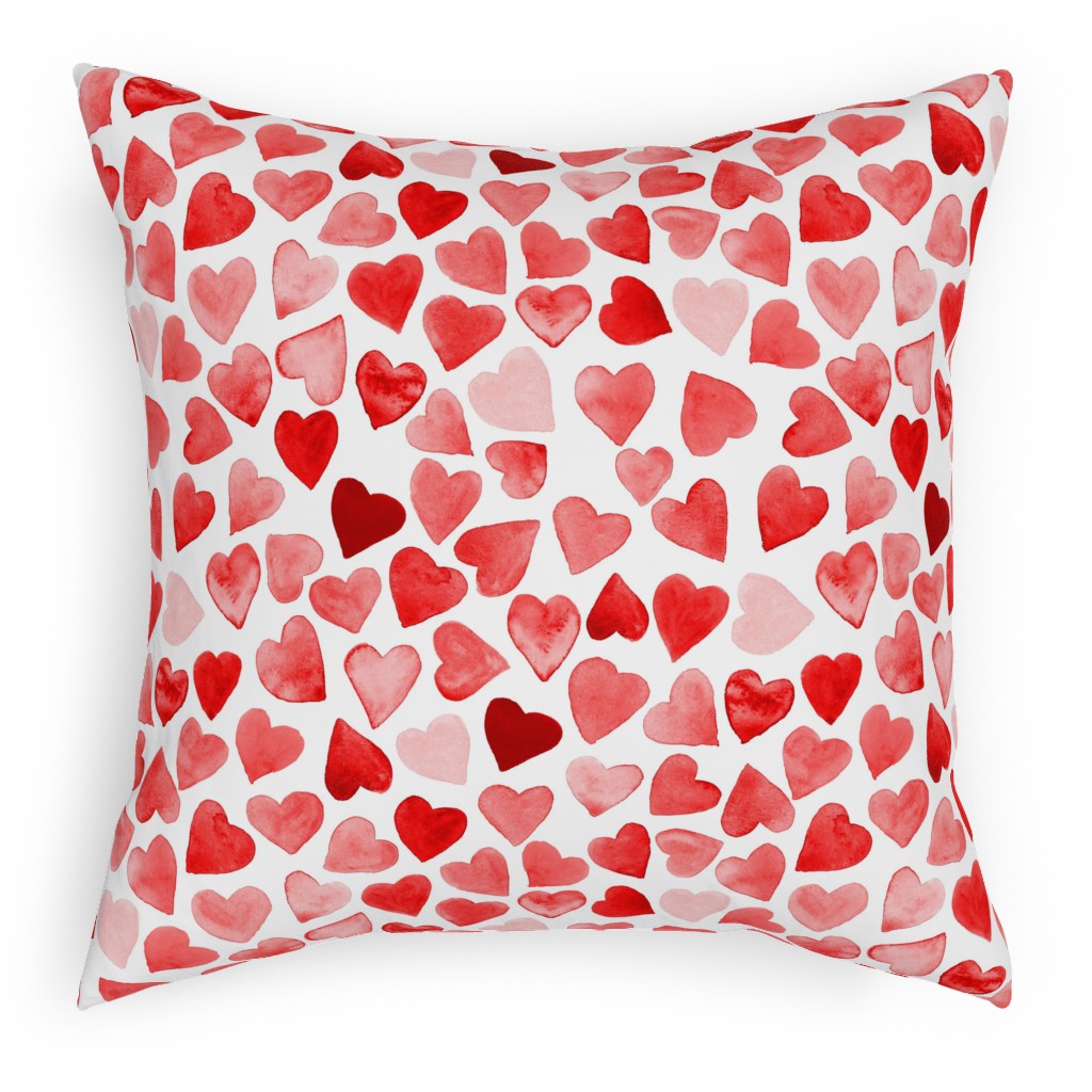 Red Hearts Watercolor - Red Pillow, Woven, Beige, 18x18, Single Sided, Red