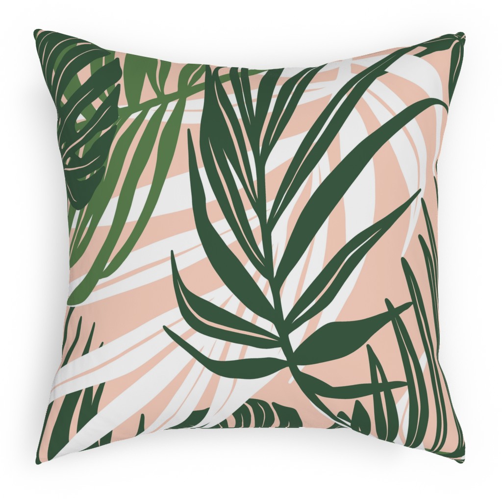 Hideaway Tropical Palm Leaves - Blush Pink Pillow, Woven, Beige, 18x18, Single Sided, Green, Classic Green