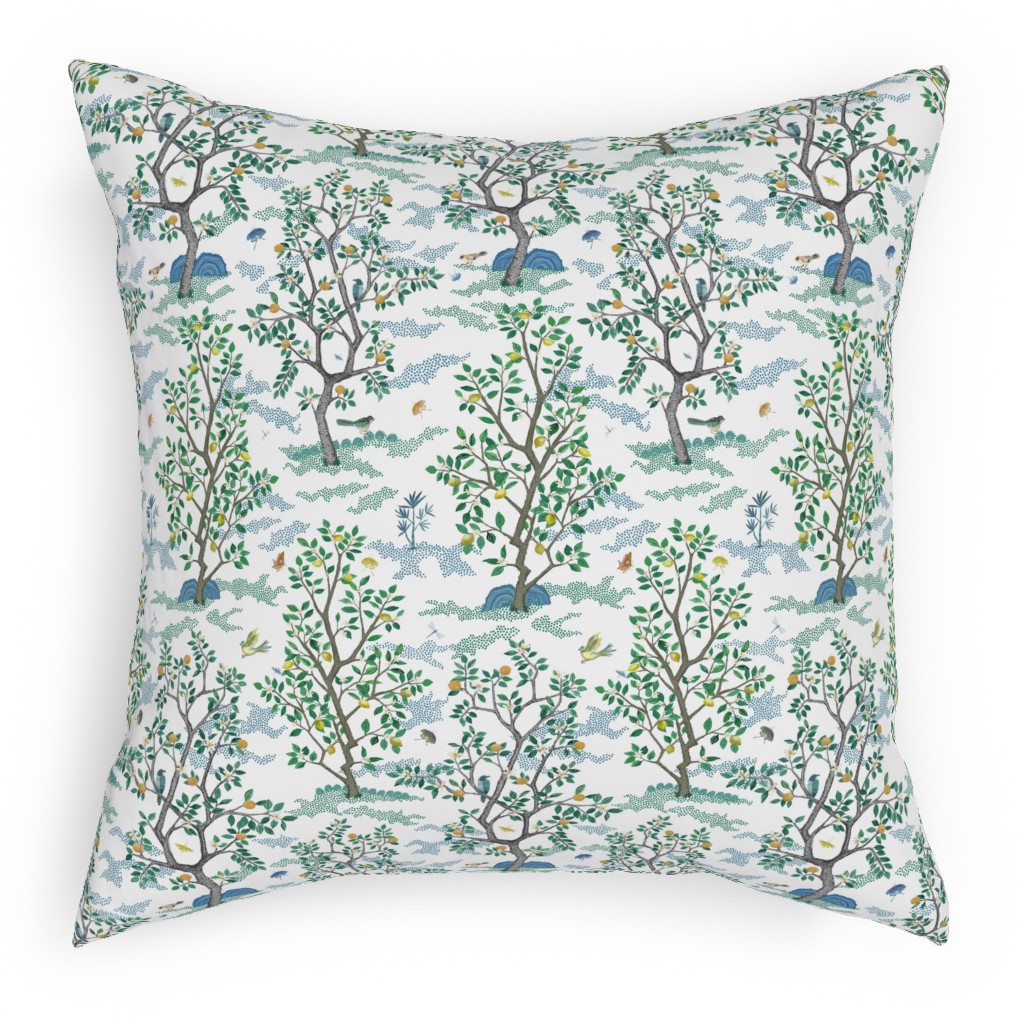 Citrus Trees - Blue and Green on White Pillow, Woven, Black, 18x18, Single Sided, Green, Classic Green