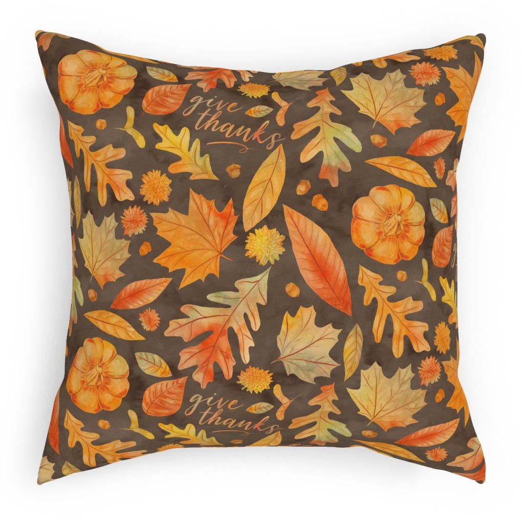 Give Thanks Watercolor Leaves - Brown Pillow, Woven, Black, 18x18, Single Sided, Orange, Orange