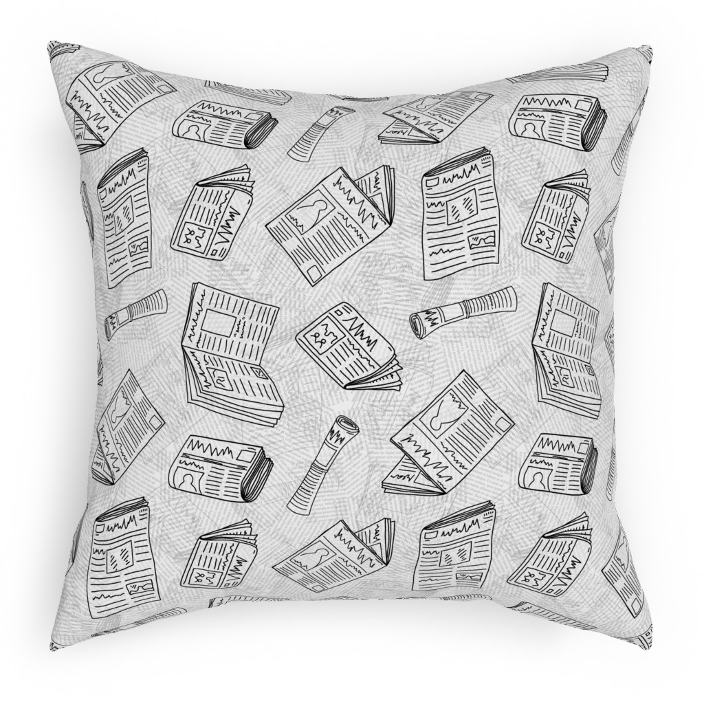 Newsprint Pillow, Woven, Black, 18x18, Single Sided, White, Fog