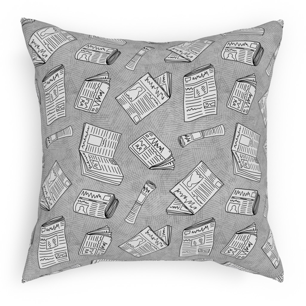 Newsprint Pillow, Woven, Black, 18x18, Single Sided, Gray
