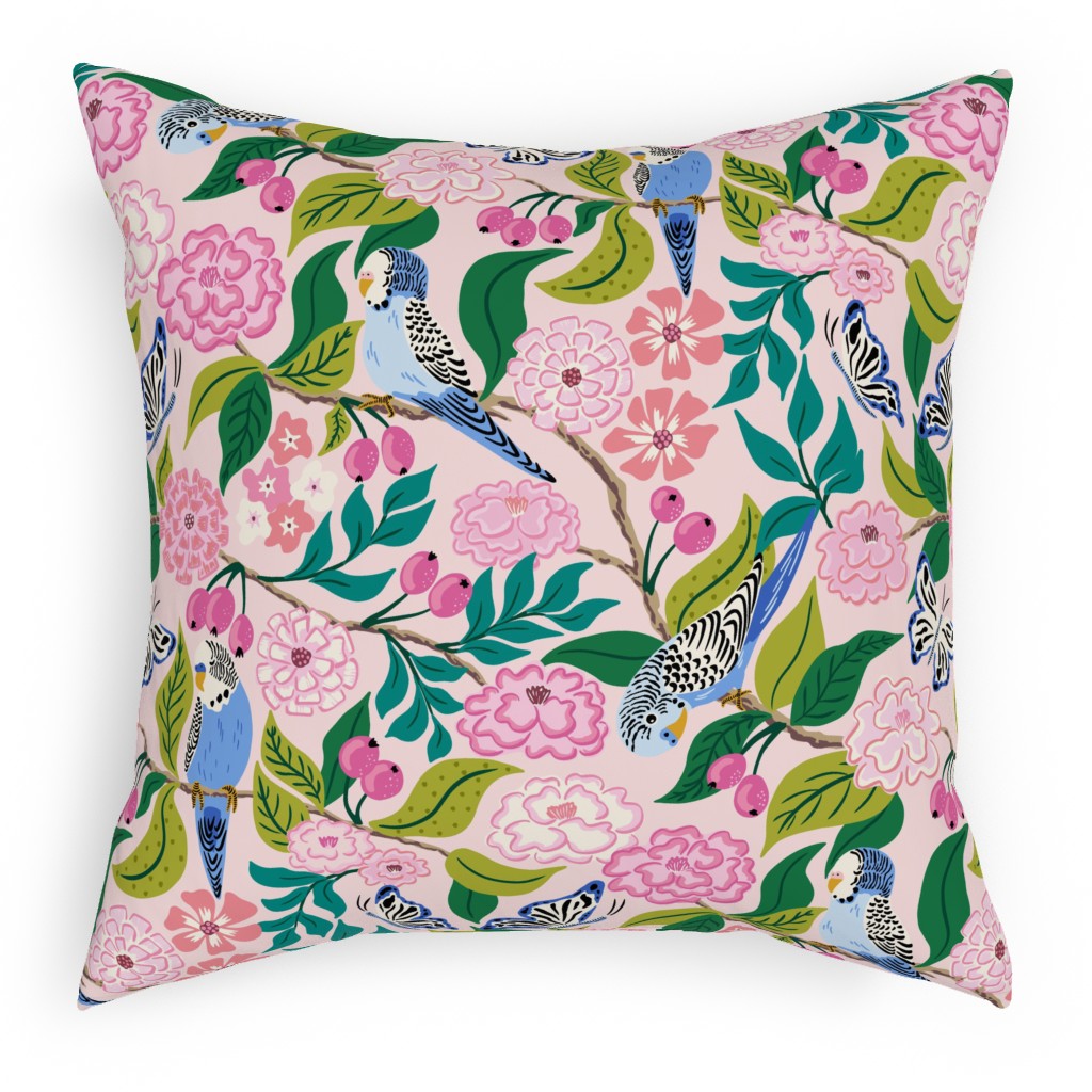 Budgies and Butterflies - Pink and Green Pillow, Woven, Black, 18x18, Single Sided, Pink