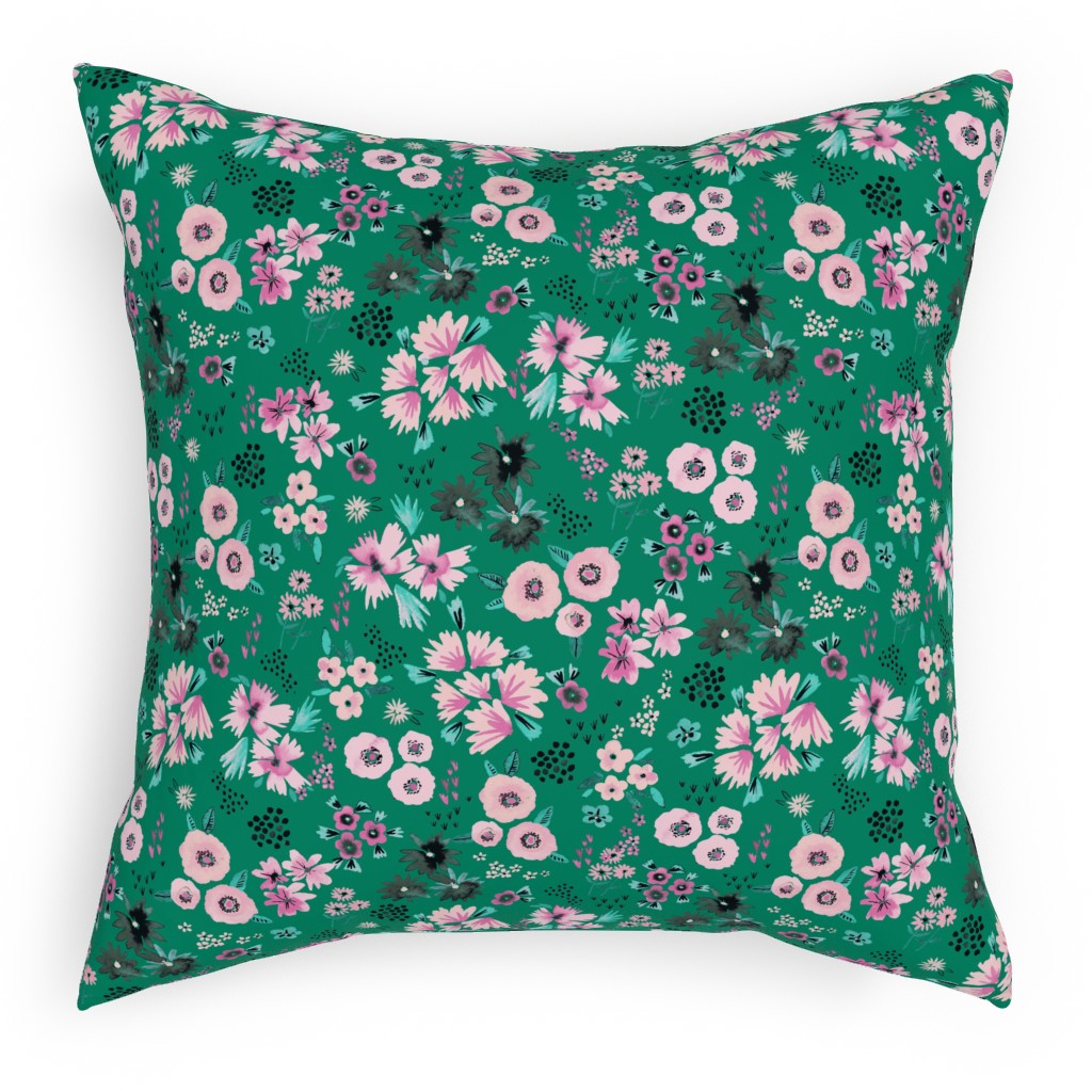 Artful Little Flowers - Green Pillow, Woven, Black, 18x18, Single Sided, Green