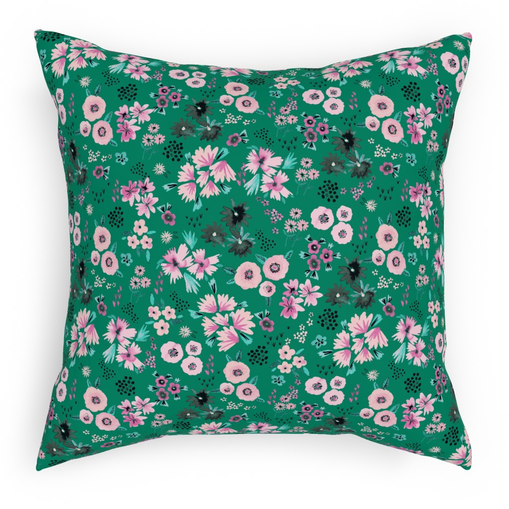 Artful Little Flowers - Green Pillow, Woven, Black, 18x18, Single Sided, Green, Classic Green