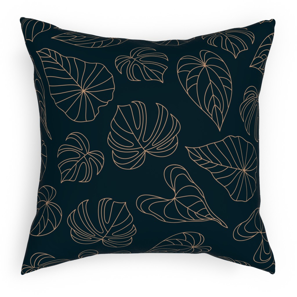Minimalist Monstera Leaves - Dark Pillow, Woven, Black, 18x18, Single Sided, Blue, True Blue