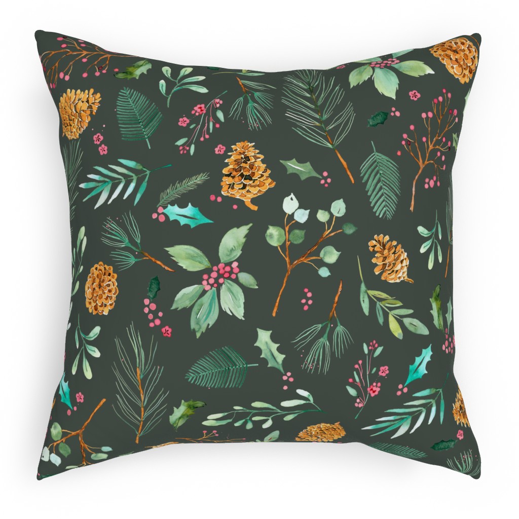 Christmas Holiday Botanical on Dark Green Pillow, Woven, Black, 18x18, Single Sided, Blue, True Blue