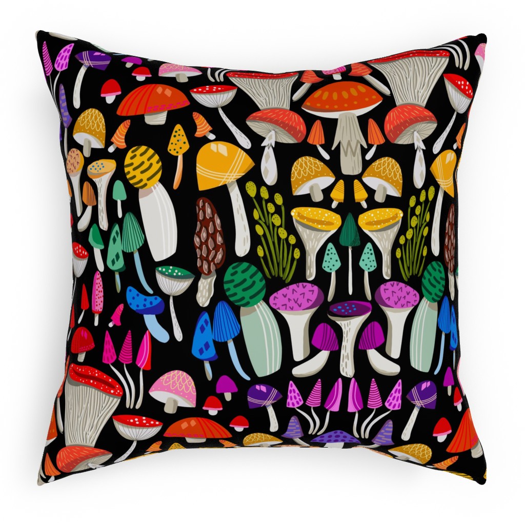 Magic Mushrooms - Multicolor Pillow, Woven, Black, 18x18, Single Sided, Multicolor
