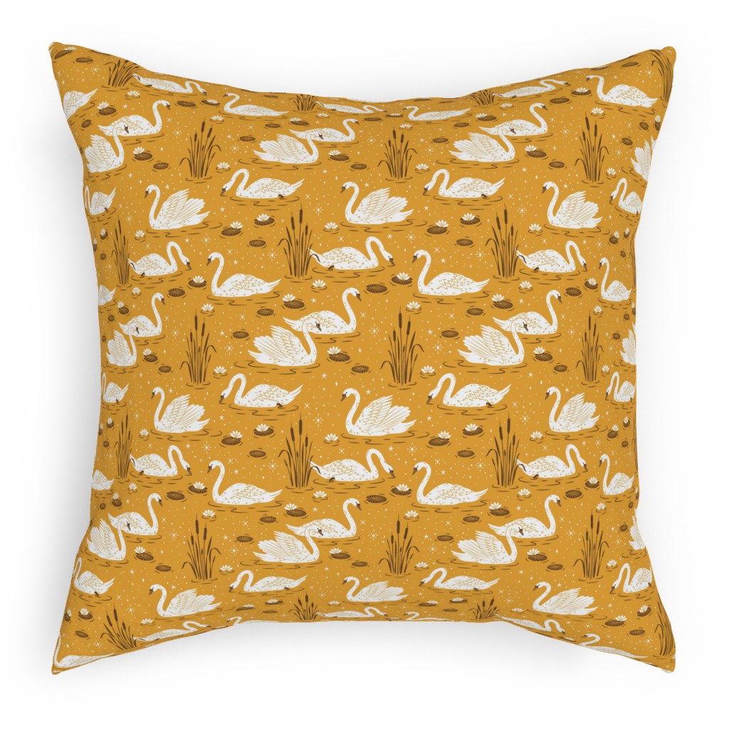 Summer Swans Pillow, Woven, Black, 18x18, Single Sided, Yellow, Mustard