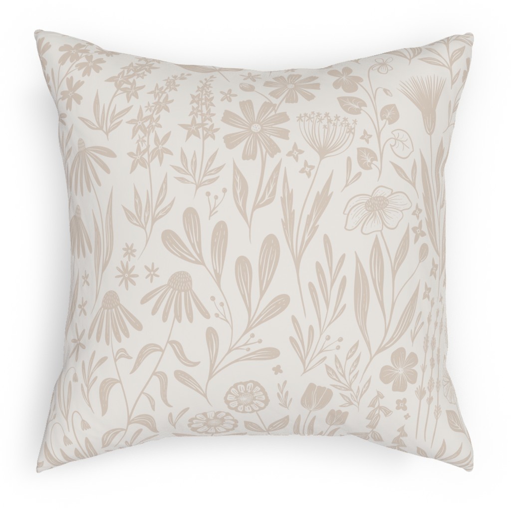 Wildflowers - Tan and Cream Pillow, Woven, Black, 18x18, Single Sided, Beige, Pearl