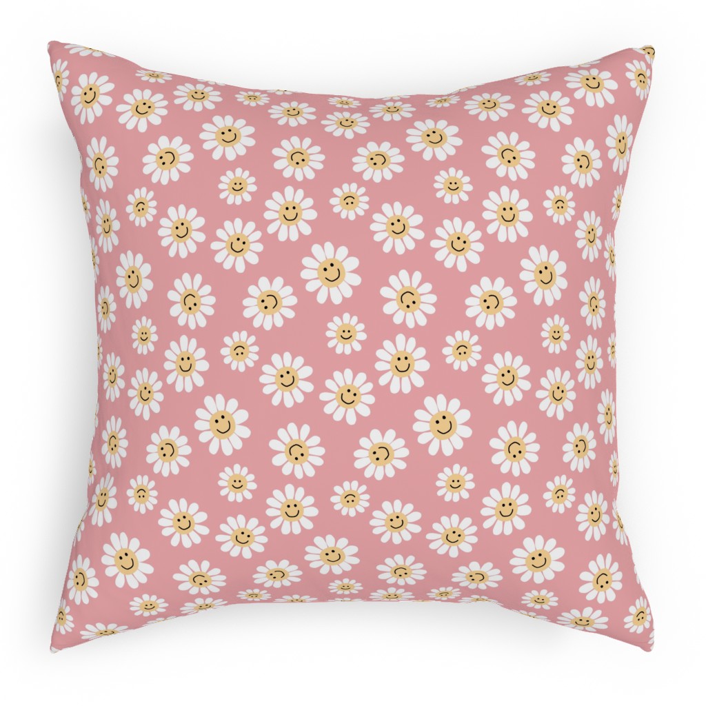 Smiley Daisy Flowers - Pink Pillow, Woven, Black, 18x18, Single Sided, Pink