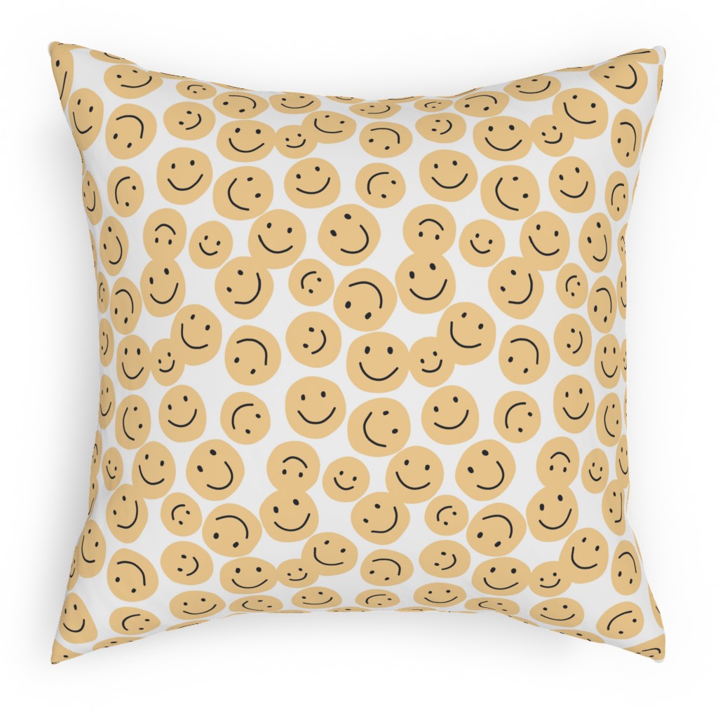 Happy Smiley Faces - Yellow Pillow, Woven, Black, 18x18, Single Sided, Yellow, Classic Yellow