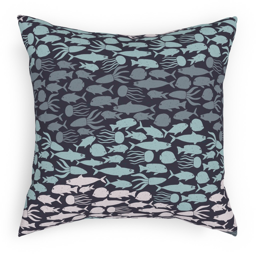 Fish School in Gray Aqua Dark Background Pillow, Woven, Black, 18x18, Single Sided, Blue