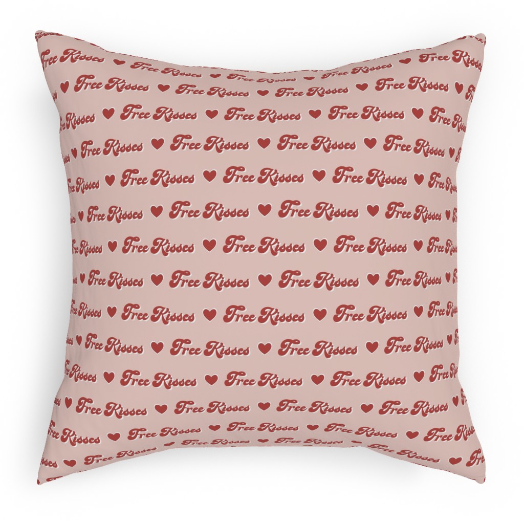 Free Kisses - Retro Hearts - Red on Pink Pillow, Woven, Black, 18x18, Single Sided, Pink