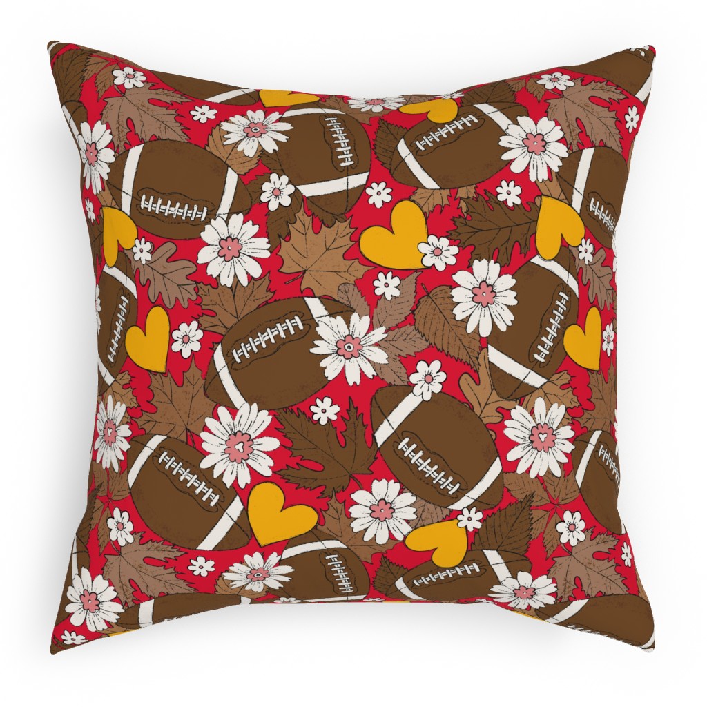 Football Fall and Florals Pillow, Woven, Black, 18x18, Single Sided, Red, Radish