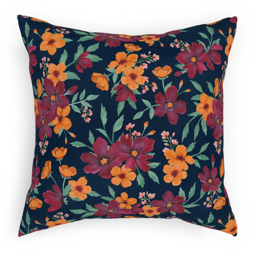 Watercolor Autumn Florals - Navy Pillow, Woven, Black, 18x18, Single Sided, Multicolor