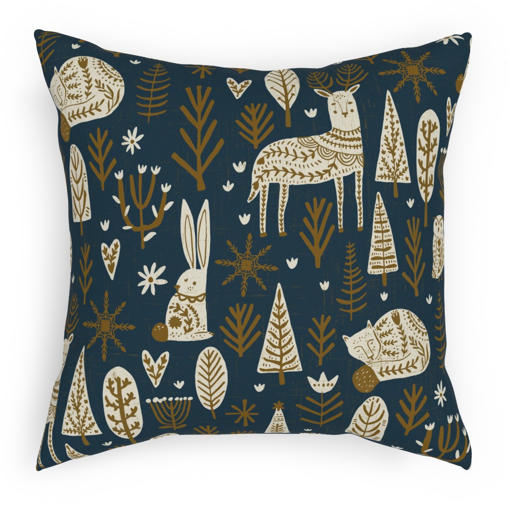 Scandi Snowflake Holiday - Prussian Blue With Pecan and Vanilla Pillow, Woven, Black, 18x18, Single Sided, Blue