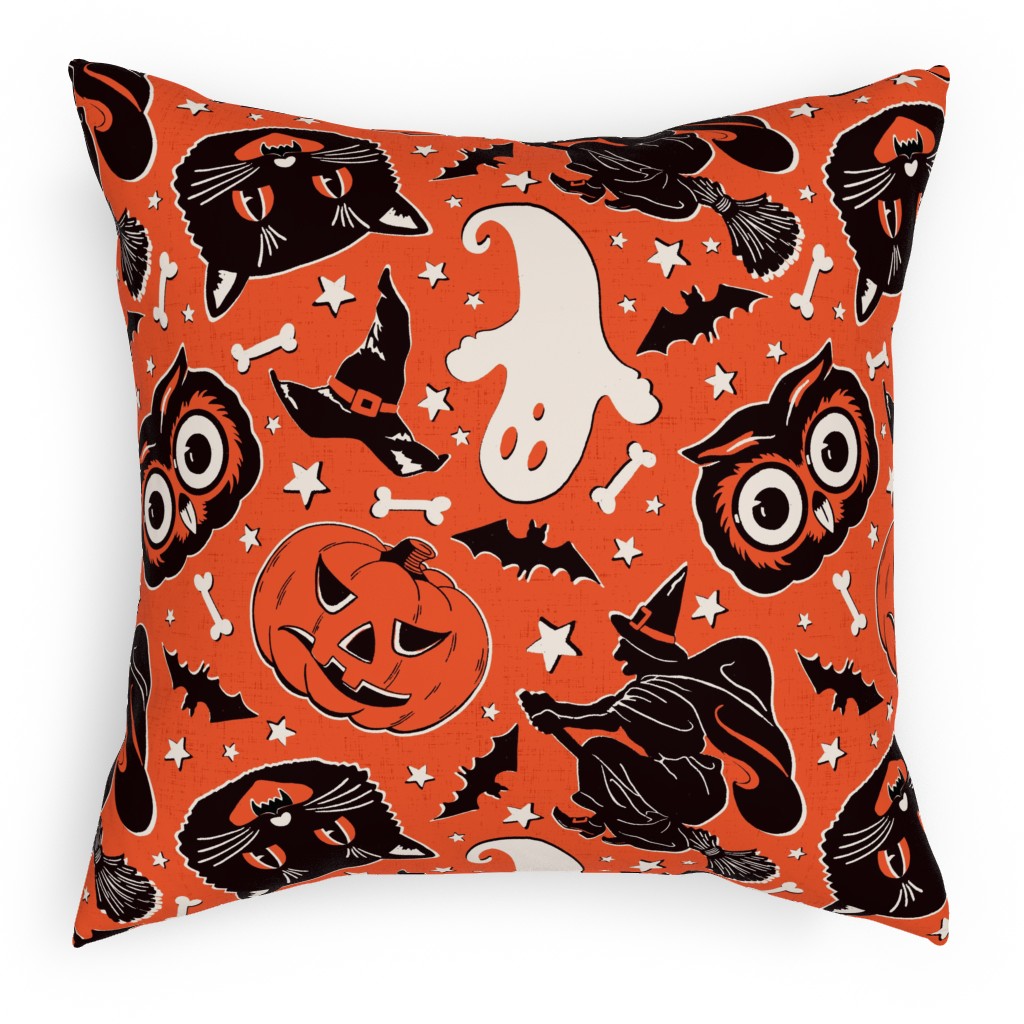 Vintage Halloween - Black & White on Orange Pillow, Woven, Black, 18x18, Single Sided, Orange