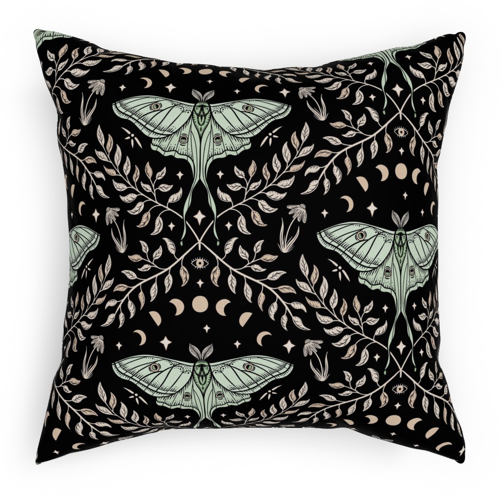 Luna Moths Damask With Moon Phases - Black Pillow, Woven, Black, 18x18, Single Sided, Multicolor